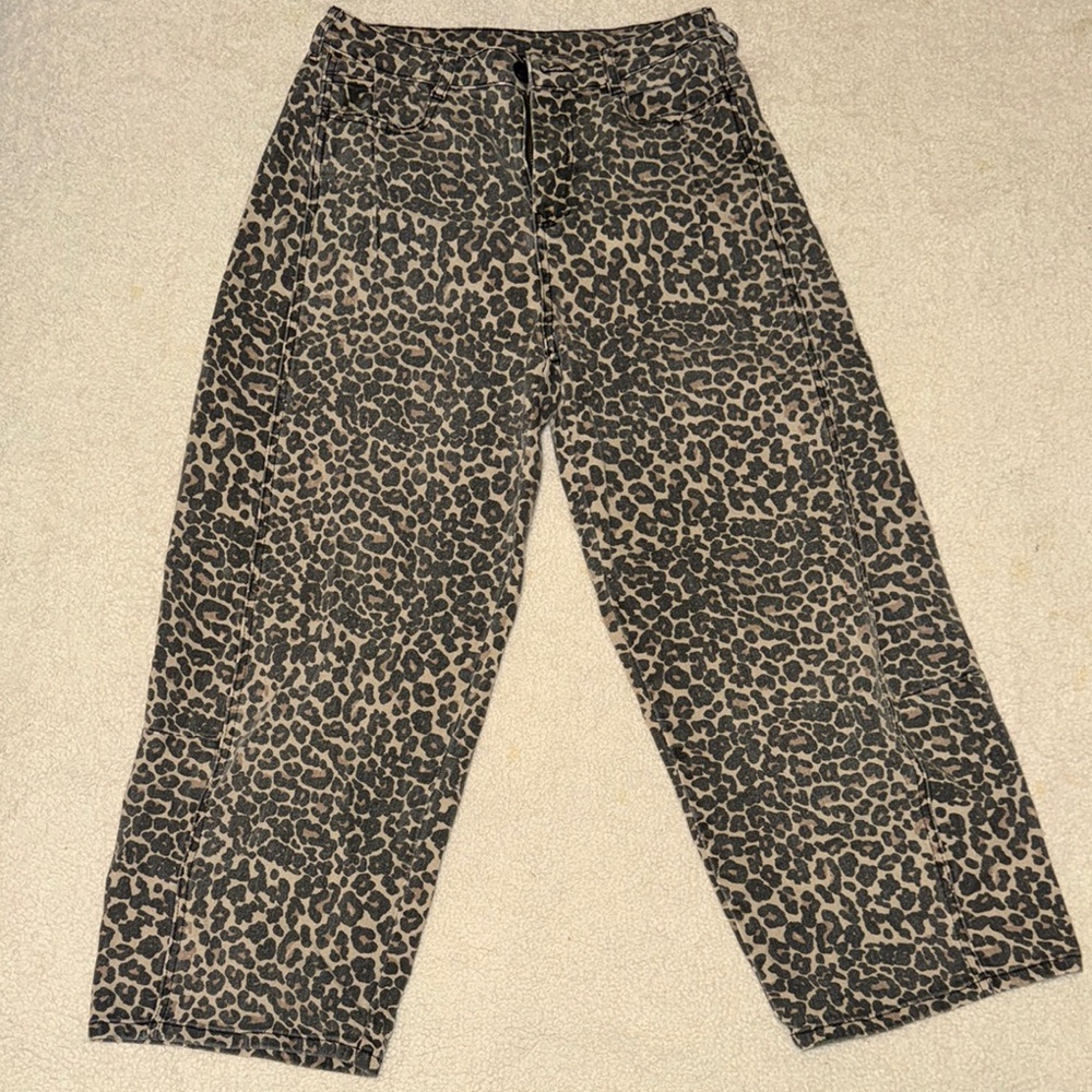 Leopard Print Cropped Wide-Leg Jeans - Taupe/Black